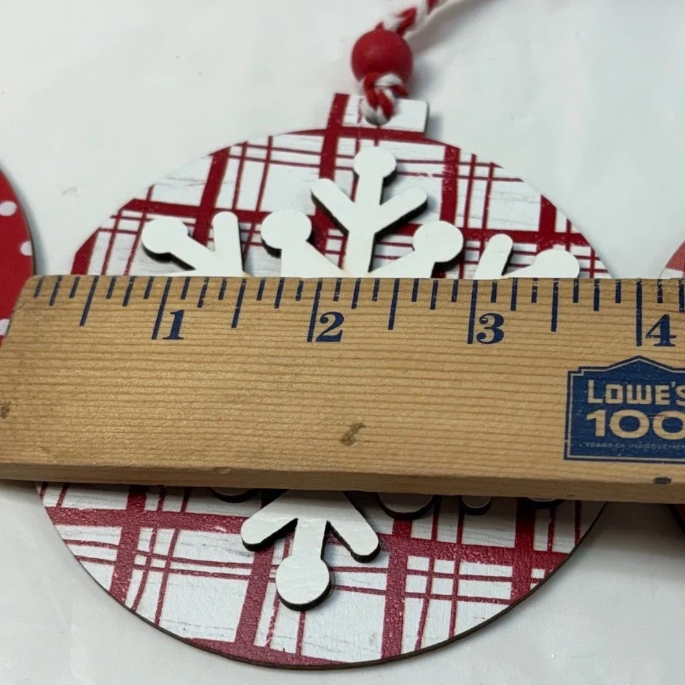 4pc Red White Wooden Snowflake Christmas Ornaments Plaid Polka Dot Striped Decor